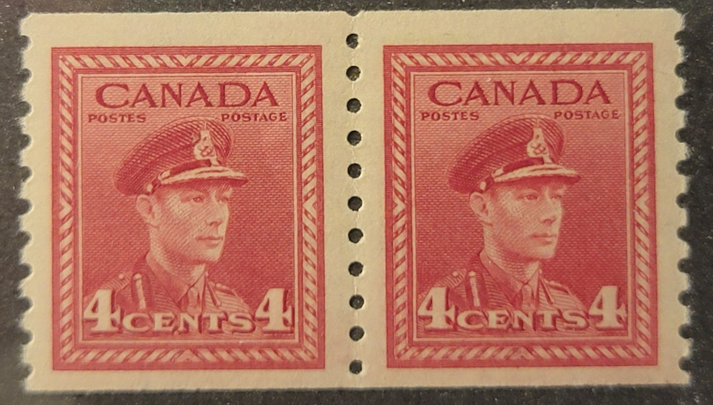 Lot 371 Canada #281 4c Dull Carmine Red, 1948 KGVI War Issue Coils, A VFOG Coil Pair, CBN-RRRRRR Paper, Perf 9.5 Vertical