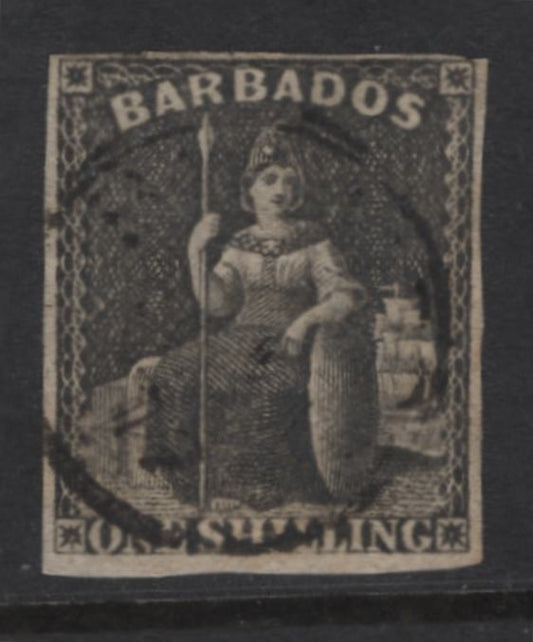 Lot 372 Barbados (C)  SG#54 1/- Black Britannia, 1872 Britannia Issue, A Fine Used Imperf Single, Small Star Wmk, Margins Clear All Around, But Close.
