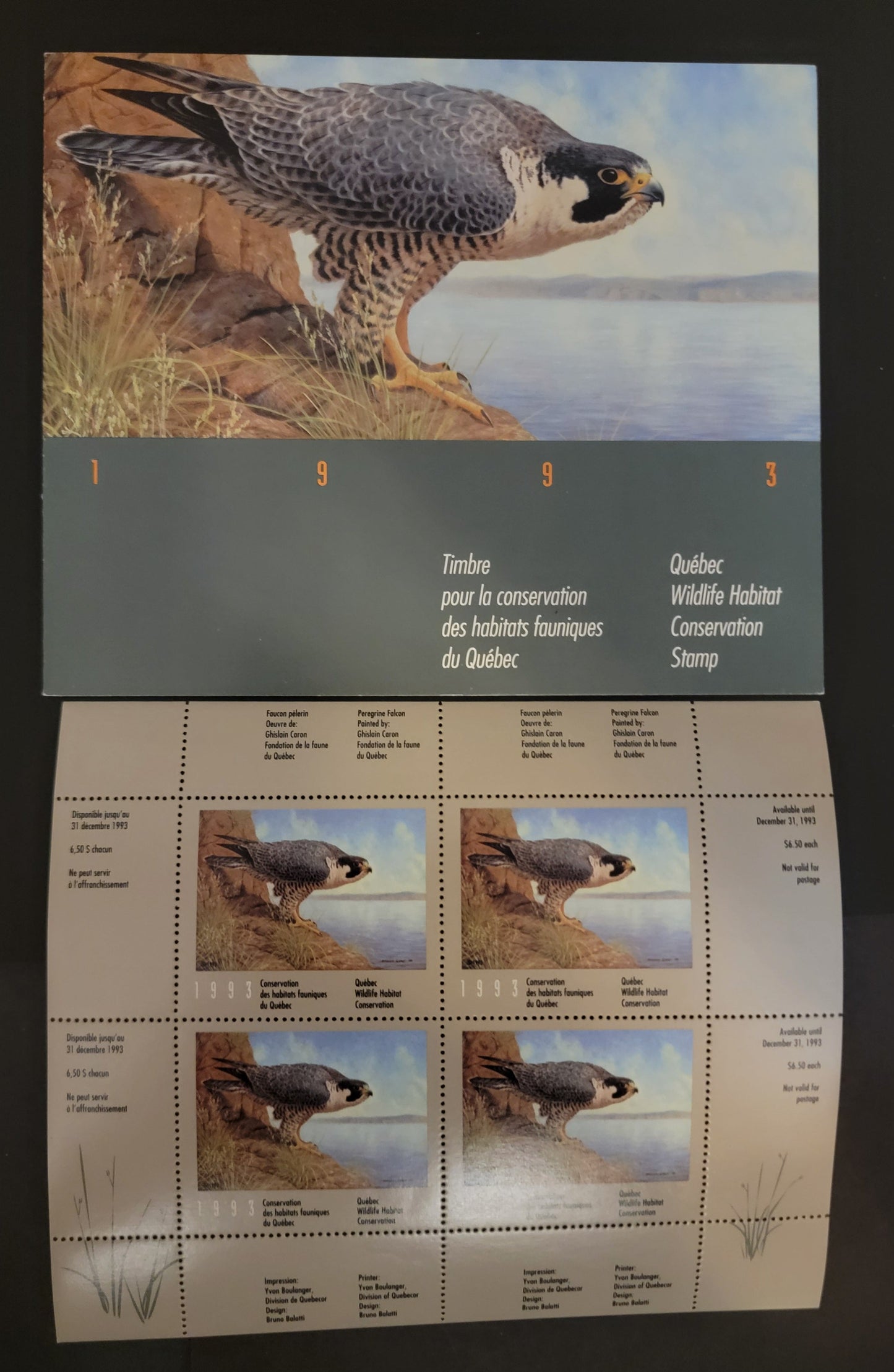 Lot 372 Canada - Province of Quebec #QW6a  Multicoloured Peregrine Falcon, 1993 Quebec Wildlife Habitat Conservation Issue, A VFNH Miniature Sheet Of 4 On DF Paper