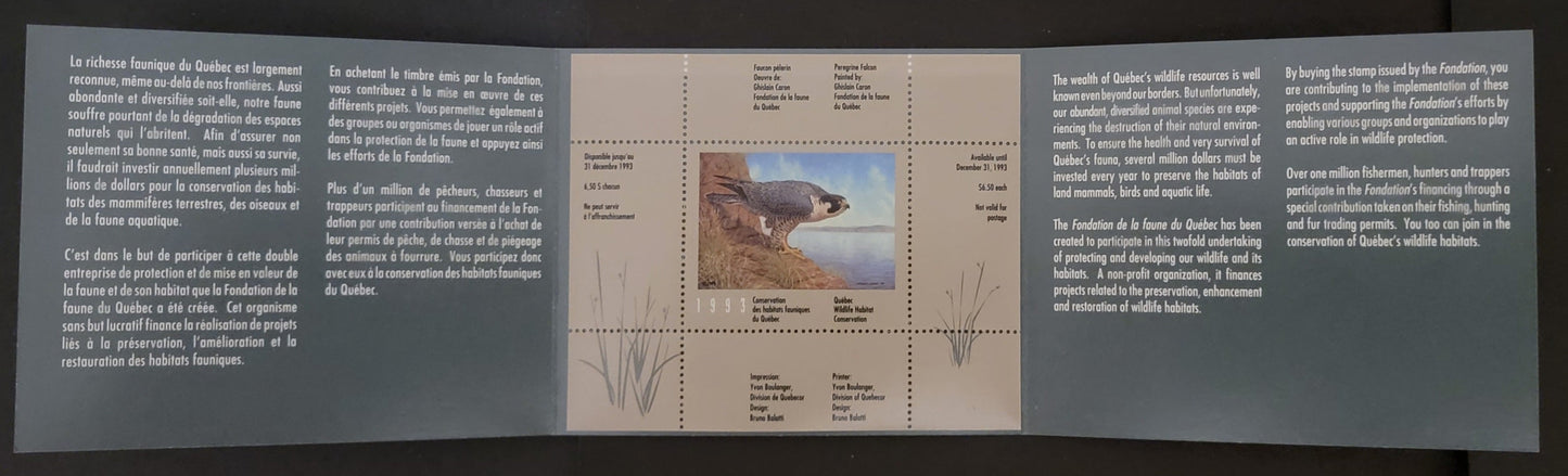 Lot 371 Canada - Province of Quebec #QW6  Multicoloured Peregrine Falcon, 1993 Quebec Wildlife Habitat Conservation Issue, A VFNH Miniature Sheet Of 1 On DF Paper