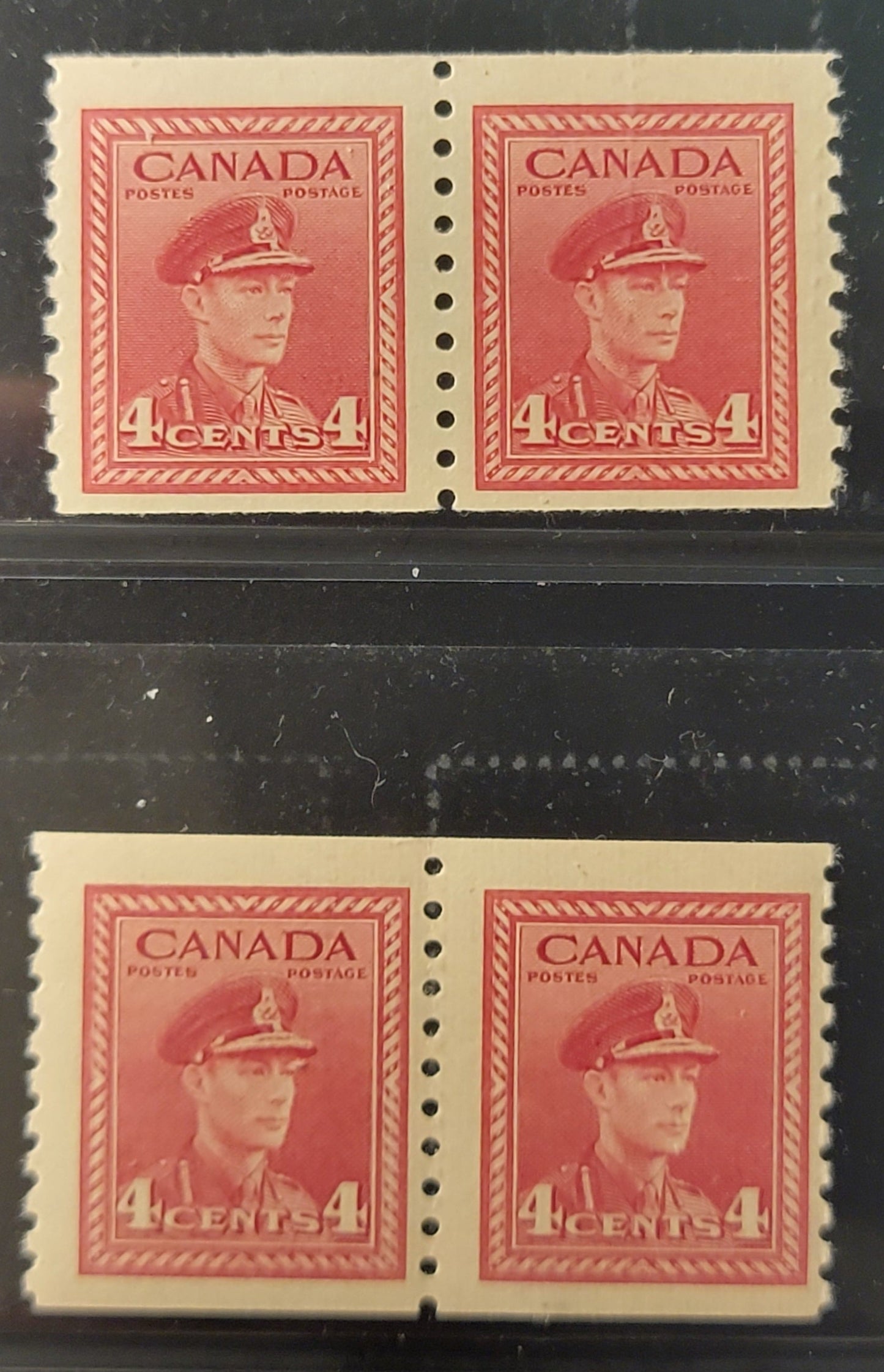 Lot 372 Canada #281 4c Dull Carmine - Carmine Red, 1948 KGVI War Issue Coils, 2 FOG Coil Pairs, CBN-RRRRRR Paper, Perf 9.5 Vertical
