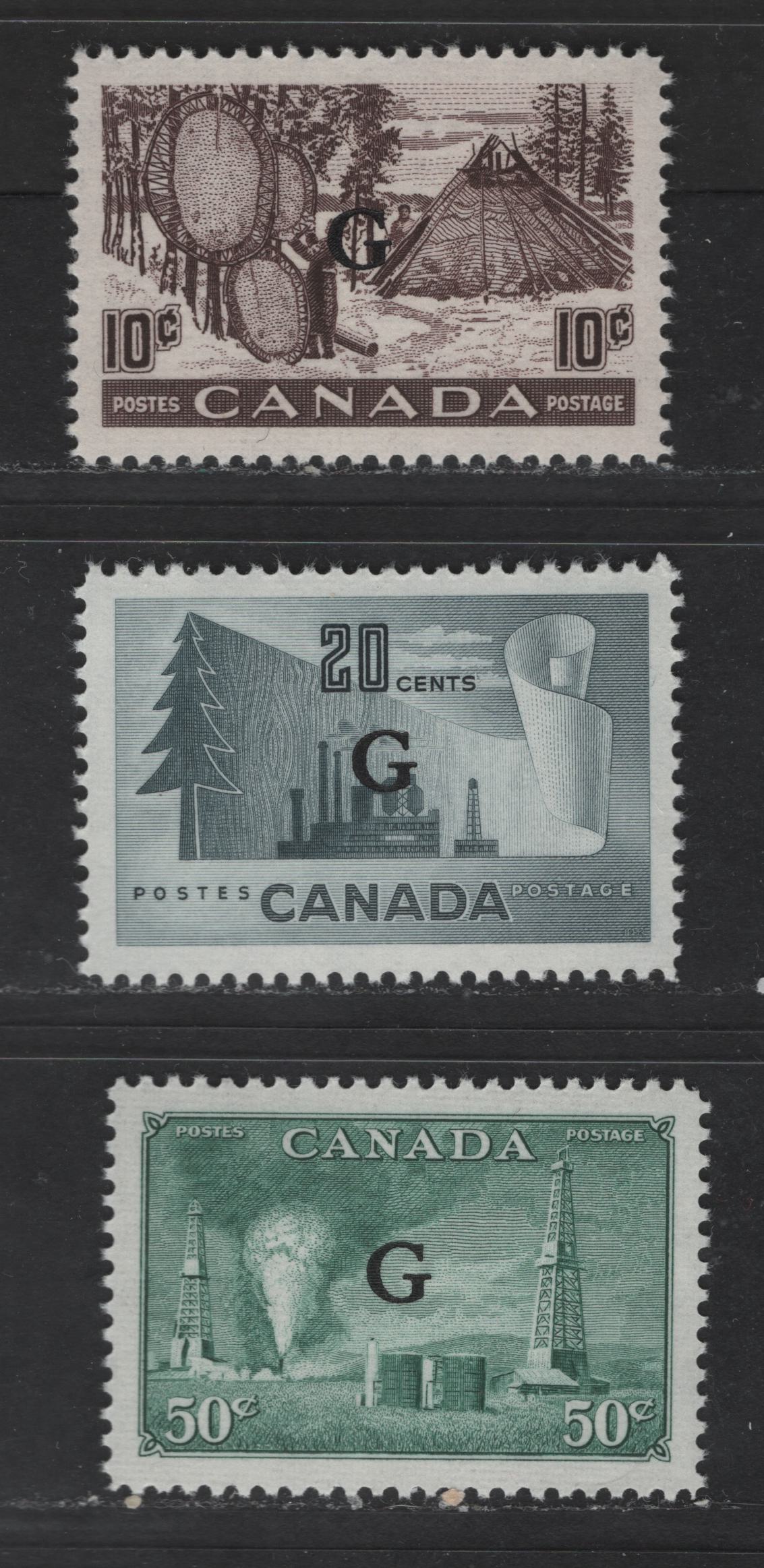 Lot 373 Canada #O24, O26, O30 10c-50c Violet Brown - Dull Bluish Green Drying Skins - Oil Wells, 1950-1952 Natural Resources Issue Officials, 3 VFNH Singles On Horizontal Ribbed Papers