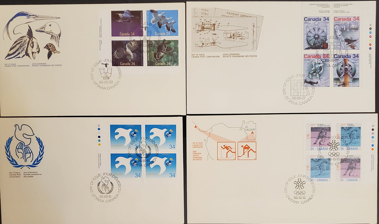 Canada #1098a, 11029, 1110, 1112a 34c Multicoloured Various Subjects, 1986 Calgary Olympics Issues, 4 VF Official Canada Post FDC's Franked With Inscription Blocks, DF, LF & MF  Envelopes, DF & MF Papers