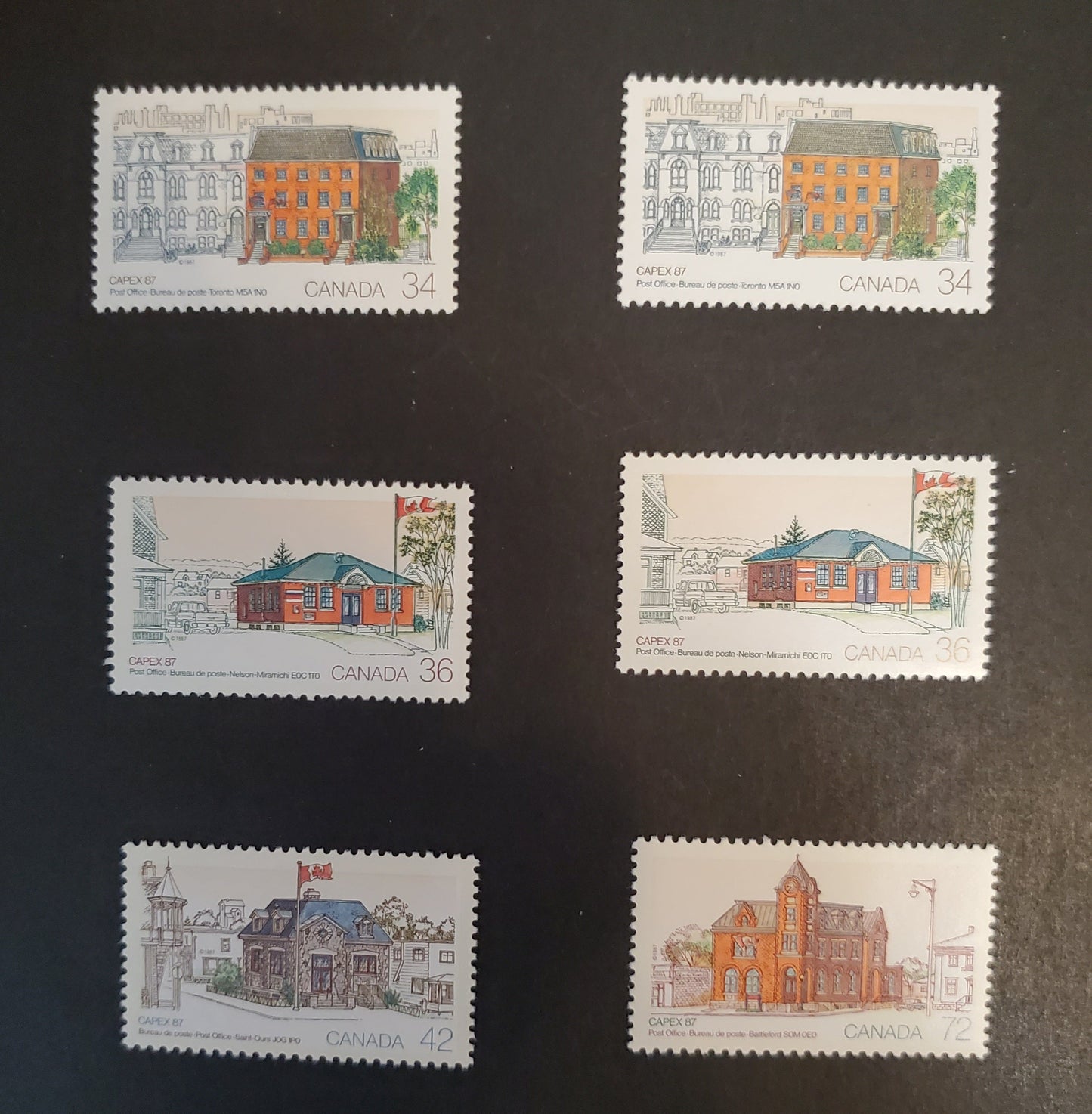 Canada #1122-1125 34c-72c Multicoloured Various Post Offices, 1987 CAPEX'87 Issue, 6 VFNH Singles With Different Shades on the 34c and 36c