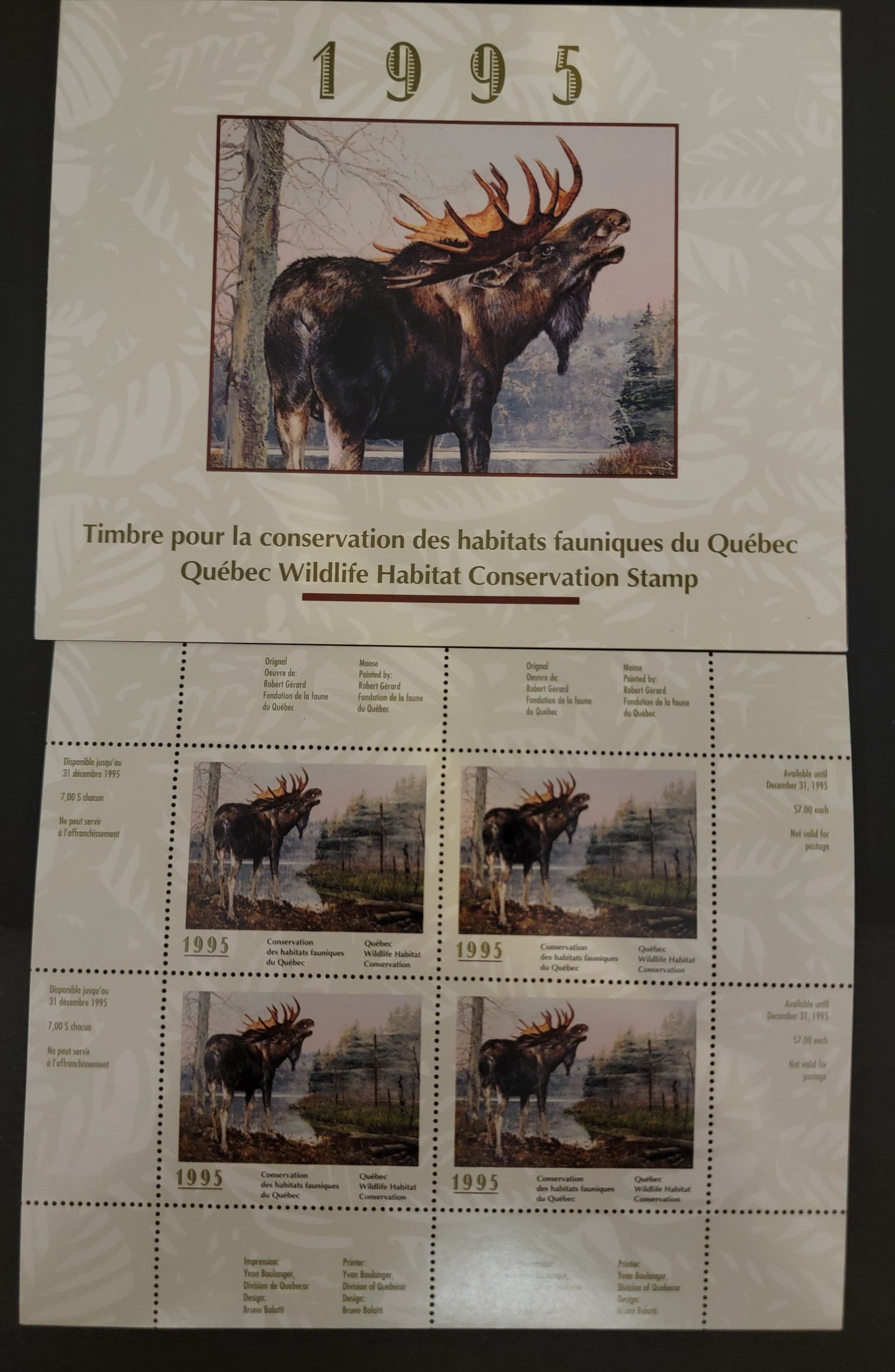 Lot 374 Canada - Province of Quebec #QW8a  Multicoloured Moose, 1995 Quebec Wildlife Habitat Conservation Issue, A VFNH Miniature Sheet Of 4 On MF Paper