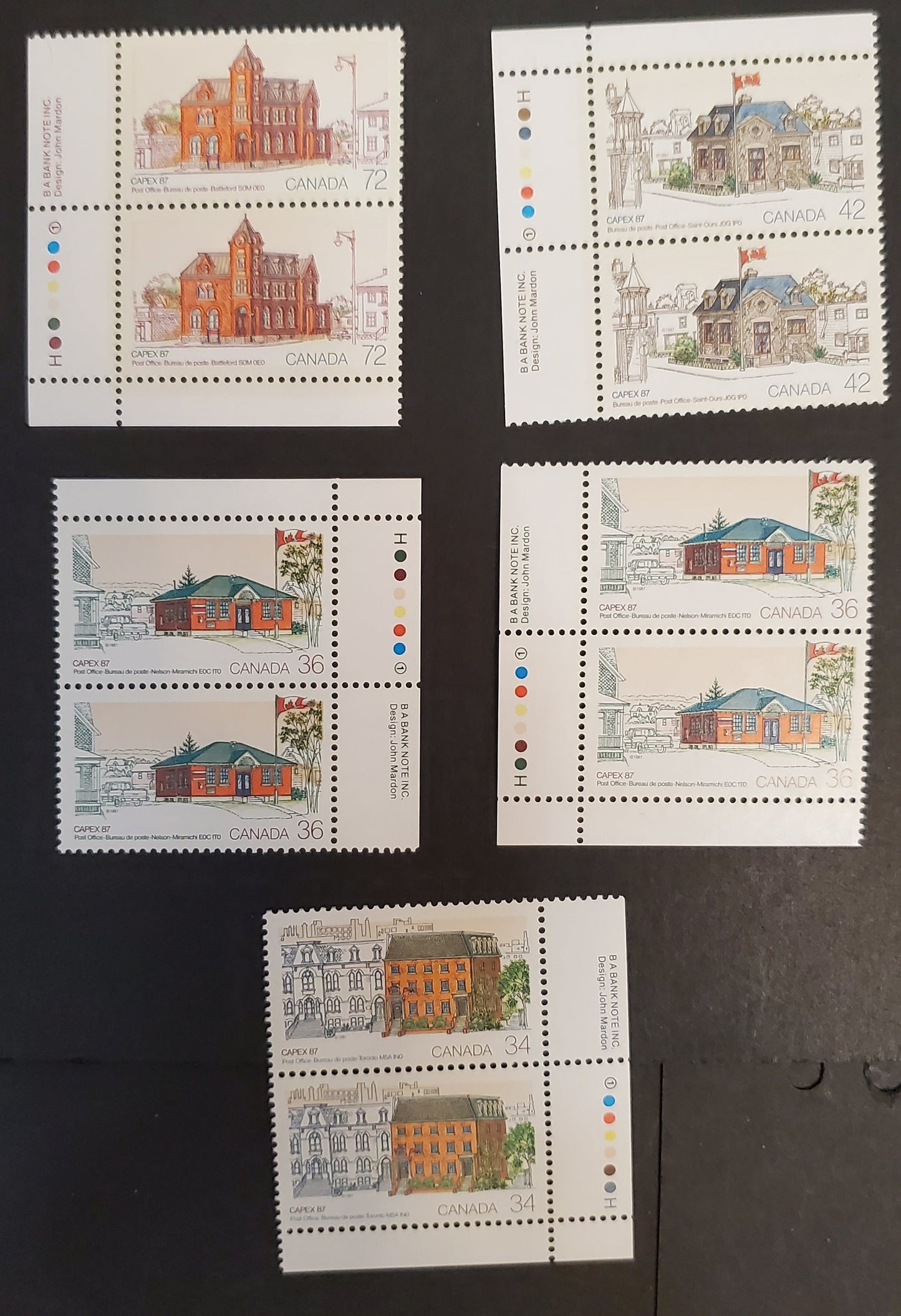 Canada #1122-1125 34c-72c Multicoloured Various Post Offices, 1987 CAPEX'87 Issue, 5 VFNH Plate Inscription Pairs With Different Shades on the 36c