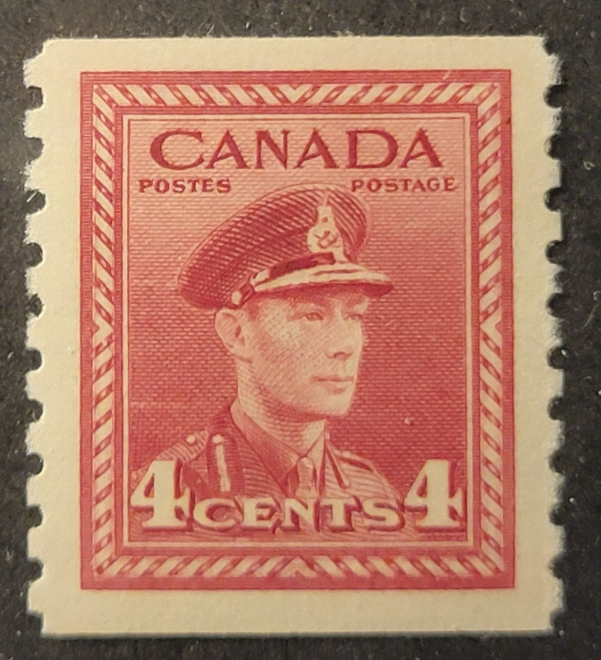 Lot 374 Canada (C) #281 4c Carmine, 1948 KGVI War Issue Coils, A VFNH Coil Single, CBN-QQQQQ Paper, Perf 9.5 Vertical