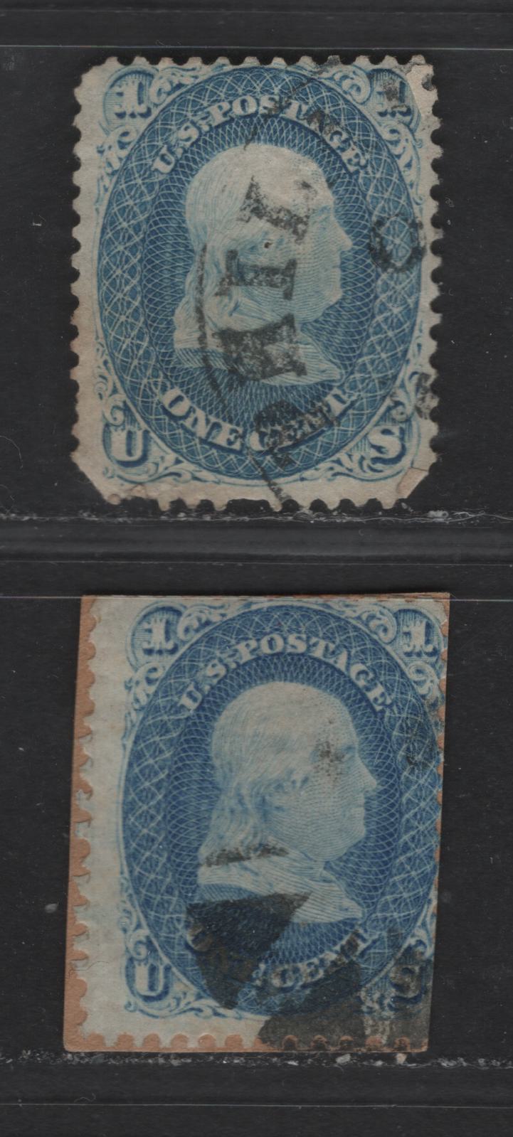 United States Of America #63 1c Blue & Dull Blue Benjamin Franklin, 1861-1869 Civil War Issue, 3 Ungraded Used Singles With Severe Faults, Sold As Reference Examples Of The Various Shades