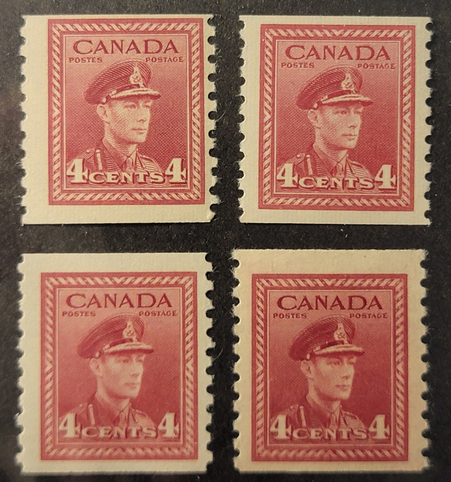 Lot 375 Canada (C) #281 4c Soft Carmine, 1948 KGVI War Issue Coils, 4 FNH Coil Singles, CBN-RRRRRR, CBN-SSSSSS & CBN-QQQQQQ Papers, Perf 9.5 Vertical