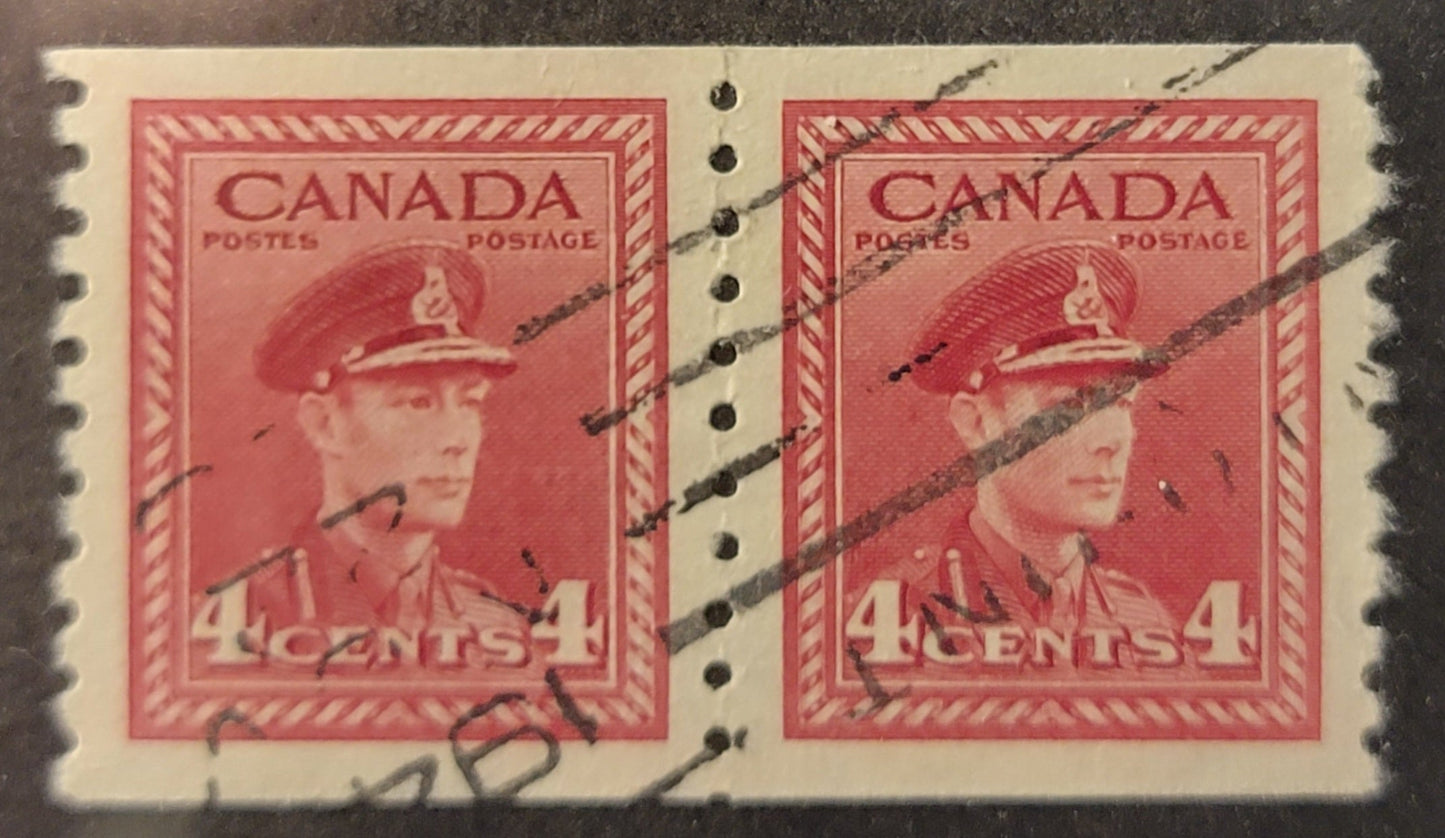 Lot 376 Canada #281 4c Carmine, 1948 KGVI War Issue Coils, A Very Fine Used Coil Pair, CBN-QQQQQQ Paper, Perf 9.5 Vertical, Showing Slight Misalignment Of Vertical Perfs.