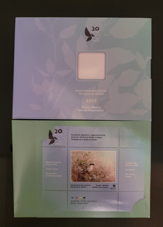 Lot 377B Canada - Province of Quebec #QW20A  Multicoloured Loggerhead Shrike, 2007 Quebec Wildlife Habitat Conservation Issue, A VFNH Miniature Sheet Of 1 On LF Paper, With WWF + $2.50 Overprint