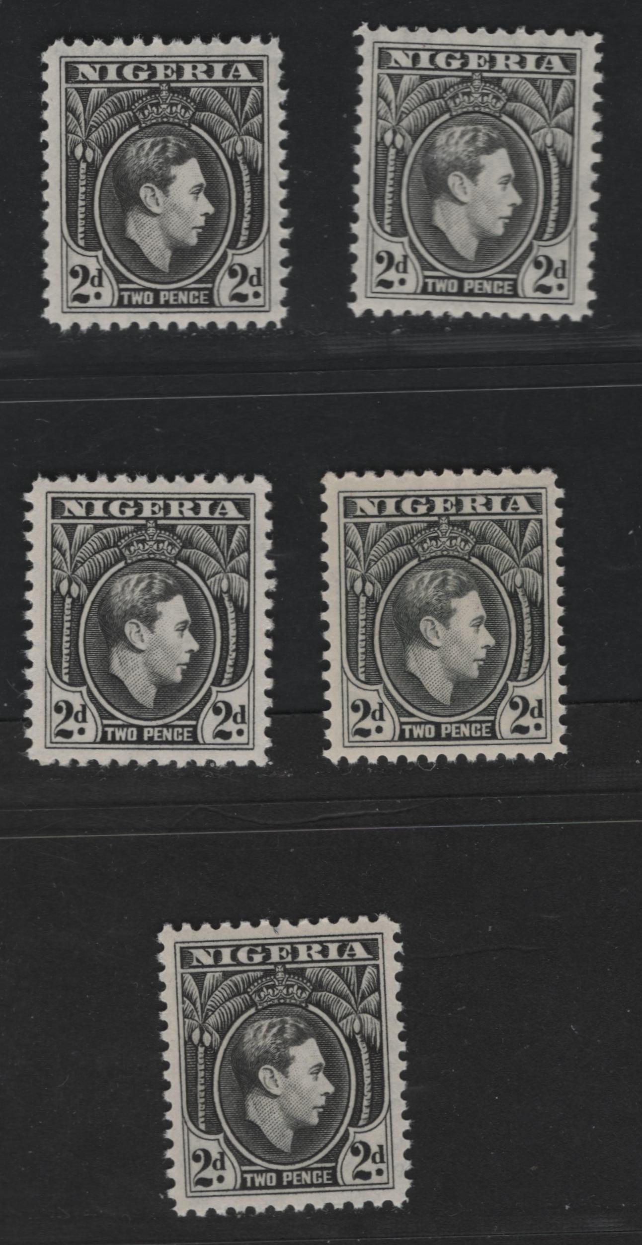 Nigeria #56var (SG#52var) 2d Deep Grey Black - Deep Grey King George VI, 1938-1952 King George VI Definitive Issue, 5 VFNH Singles, Line Perf 12, Mar. 1942, July 1942, July 1943 & April 1944 Printings