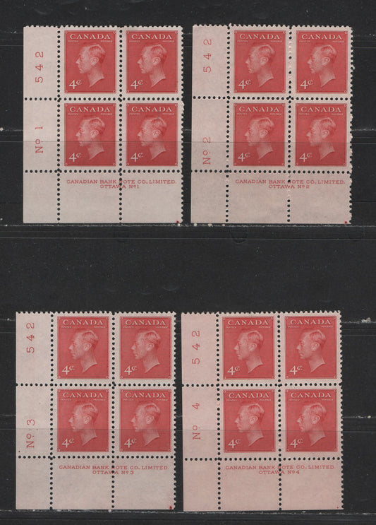 Lot 124 Canada #287 4c Carmine King George VI, 1949-1952 Postes-Postage Issue, 4 VFNH LL Plate Blocks Plates 1-4