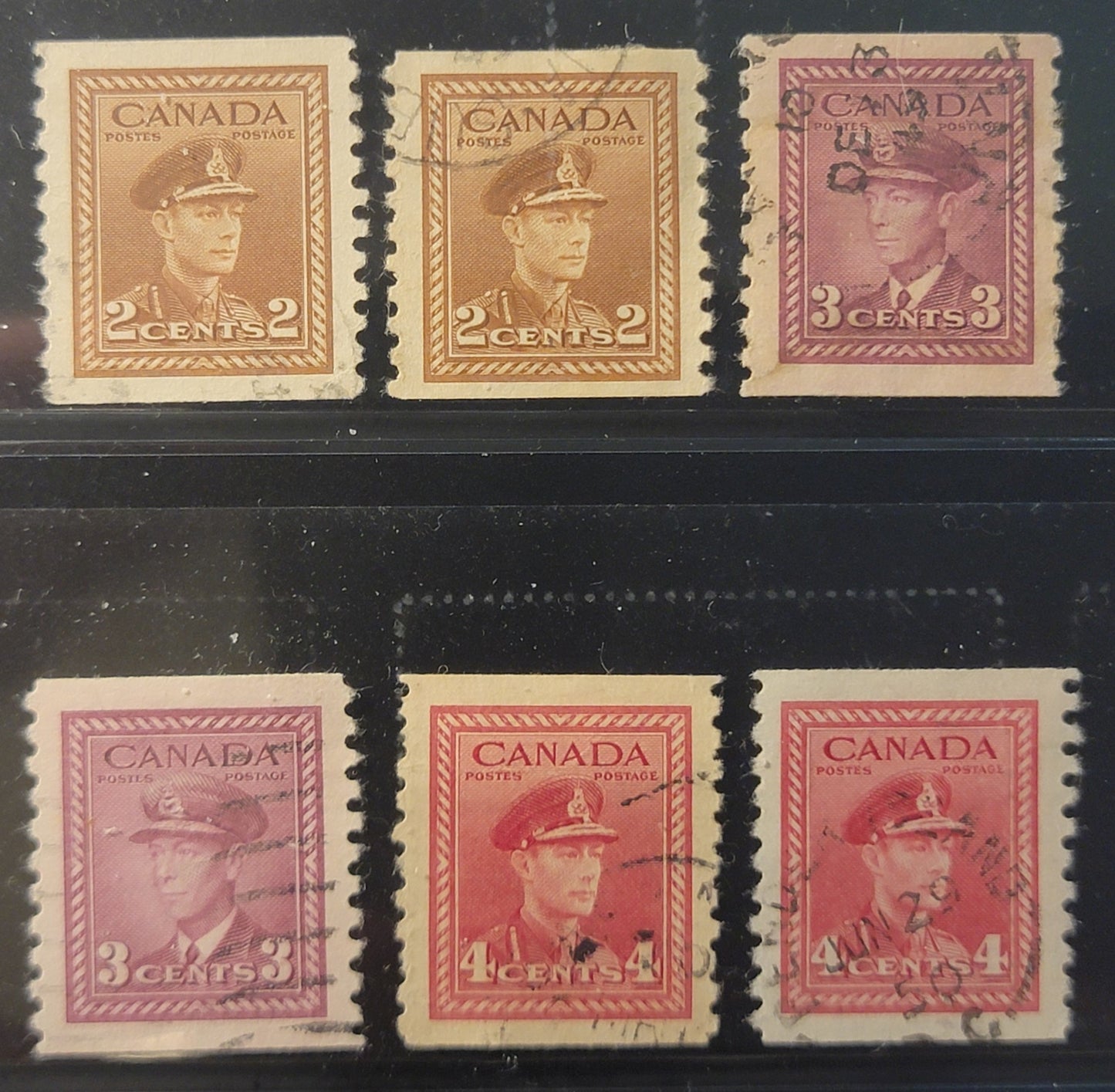 Lot 378 Canada #279-281 1c-4c Brown - Carmine Red, 1948 KGVI War Issue Coils, 6 Very Fine Used Coil Singles, Unchecked As to Specific Paper Types, Perf 9.5 Vertical
