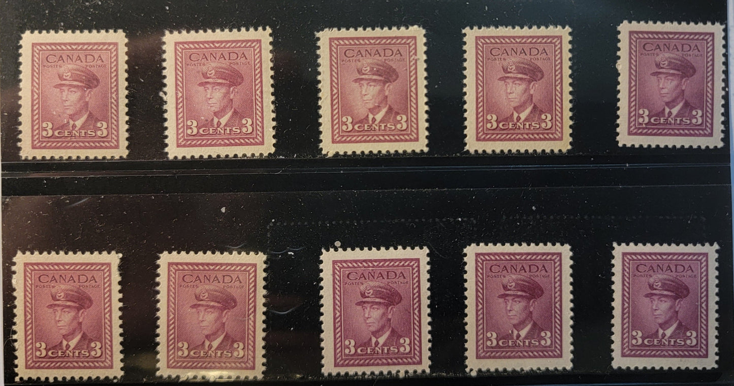 Lot 378 Canada SC#252 3c Rosy Purple, Light Rosy Purple King George VI, 1942-1949 War Issue, 10 VFNH Singles On Papers CBN-GGGGGGG, CBN-YYYYY and CBN-ZZZZZZ, Various Perfs