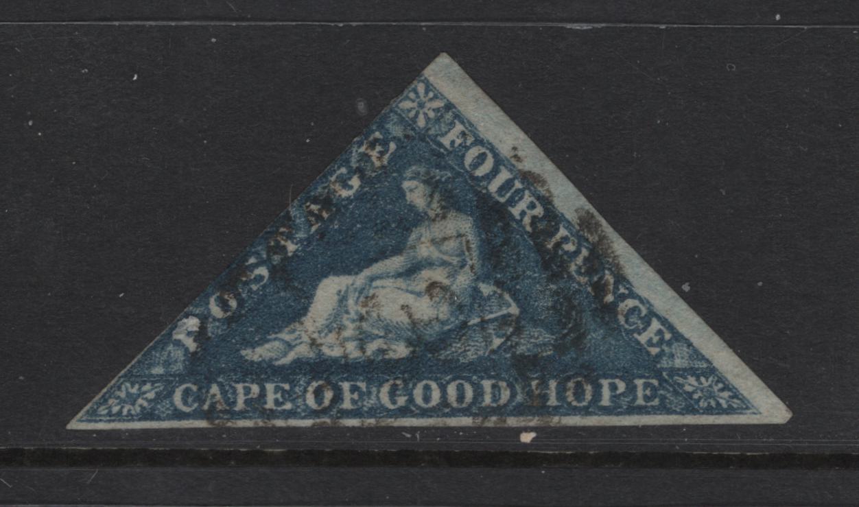 Lot 379 Cape Of Good Hope (C) SG#19b 4d Slate Blue Reclining Hope, 1863-1864 Reclining Hope Issue, A Fine Used Single, De La Rue Printing, Wide Margin At Right, Full Margin At The Bottom And Just Barely Clear At The Left.