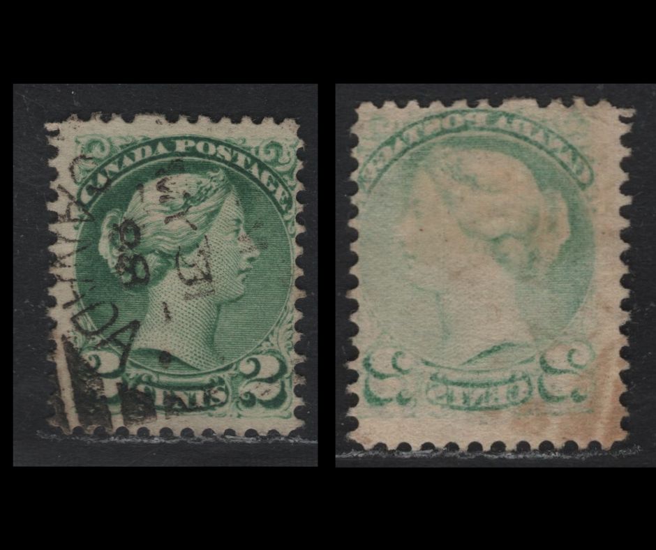 Lot 379 Canada (C)#36i 2c Green , 1870-1893 Small Queen Issue, A Fine Used Single, 2nd Ottawa Printing, Soft Porous Vertical Wove Paper, Unchecked As to Specific Perf, Showing Full Design Offset On The Back.