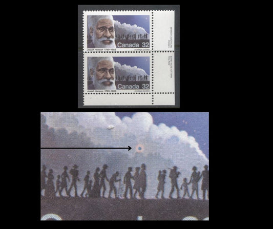 Lot 381 Canada #997var 32c Multicoloured Josiah Henson, 1983 Canadian Pioneers Issue, A VFNH LR Inscription Pair, With Low Star Through Clouds Variety (Pos. 45), NF/DF1 Paper