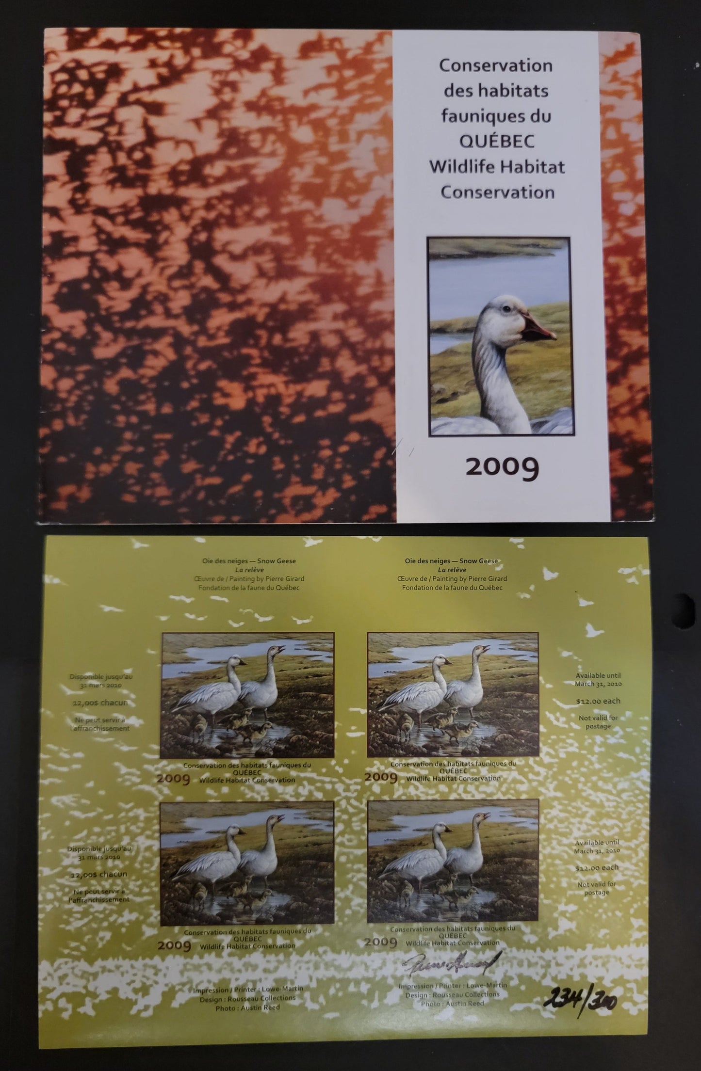 Lot 381 Canada - Province of Quebec #QW22b  Multicoloured Snow Geese, 2009 Quebec Wildlife Habitat Conservation Issue, A VFNH Miniature Sheet Of 1 On LF Paper, Signed By The Artist, Only 300 Issued