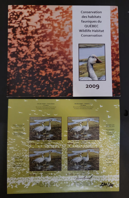 Lot 381 Canada - Province of Quebec #QW22b  Multicoloured Snow Geese, 2009 Quebec Wildlife Habitat Conservation Issue, A VFNH Miniature Sheet Of 1 On LF Paper, Signed By The Artist, Only 300 Issued