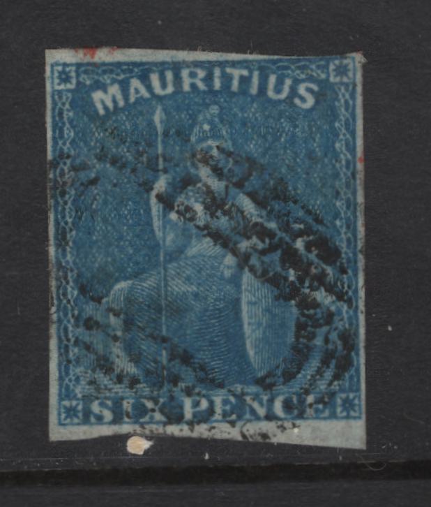 Lot 383 Mauritius (C)  SG#32 6d Blue Britannia, 1859-1861 Imperf Britannia Issue, A Fine Used Single, Unwatermarked, White Paper, Margins Full At Bottom & Most Of The Top Except Top Right Where They Are Just Clear, Side Margins Are Clear But Narrow.