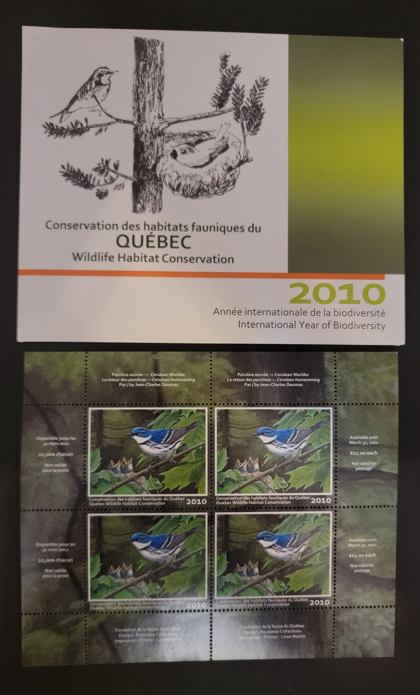 Lot 383 Canada - Province of Quebec #QW23a  Multicoloured Cerulean Warbler, 2010 Quebec Wildlife Habitat Conservation Issue, A VFNH Miniature Sheet Of 1 On LF Paper