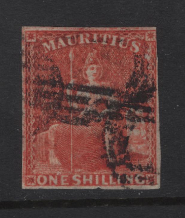 Lot 384 Mauritius (C)  SG#34 1/- Vermillion Britannia, 1859-1861 Imperf Britannia Issue, A Very Good Used Single, Margins Are Clear But Close On All Sides Except UR Where It Just Touches Outer Frameline, Small Nick In Lower Margins