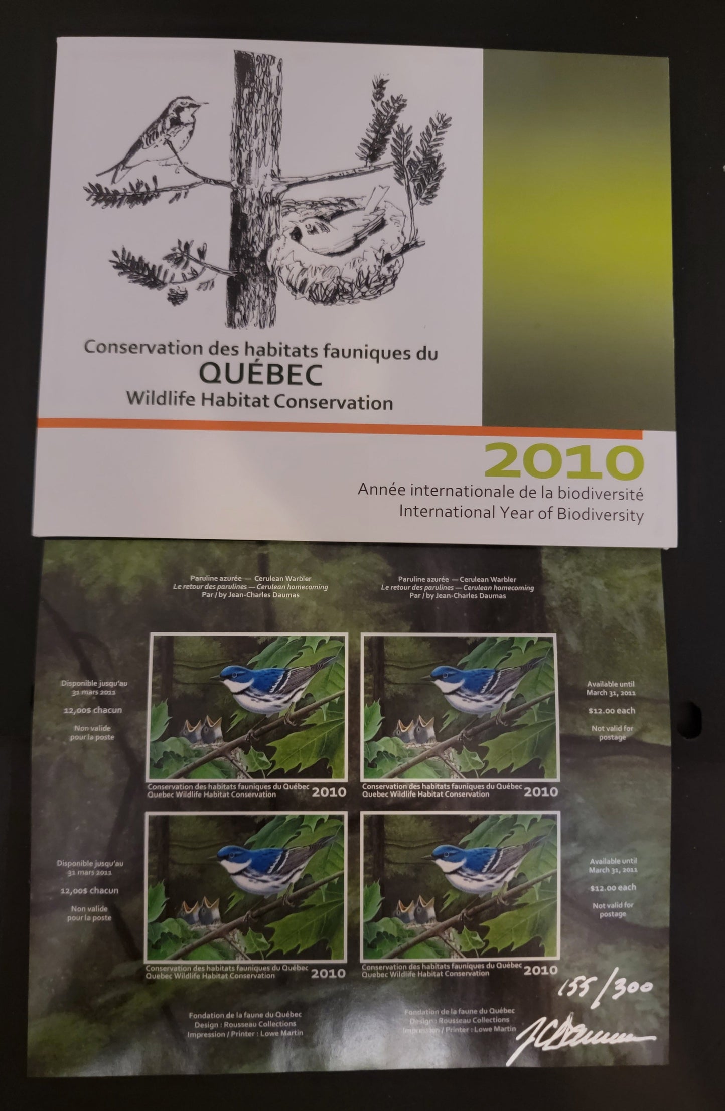 Lot 384 Canada - Province of Quebec #QW23b  Multicoloured Cerulean Warbler, 2010 Quebec Wildlife Habitat Conservation Issue, A VFNH Miniature Sheet Of 1 On LF Paper, Signed By The Artist, Only 300 Issued