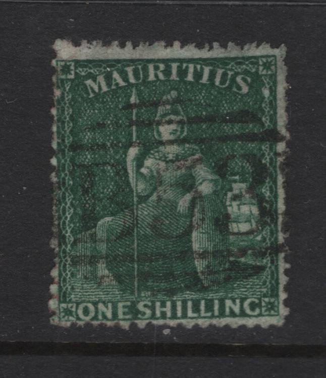 Lot 385 Mauritius (C)  SG#55 1/- Deep Green Britannia, 1862 Britannia Issue, A Very Good Used Single, Intermediate Perf 14-16, Some Thinning On Back