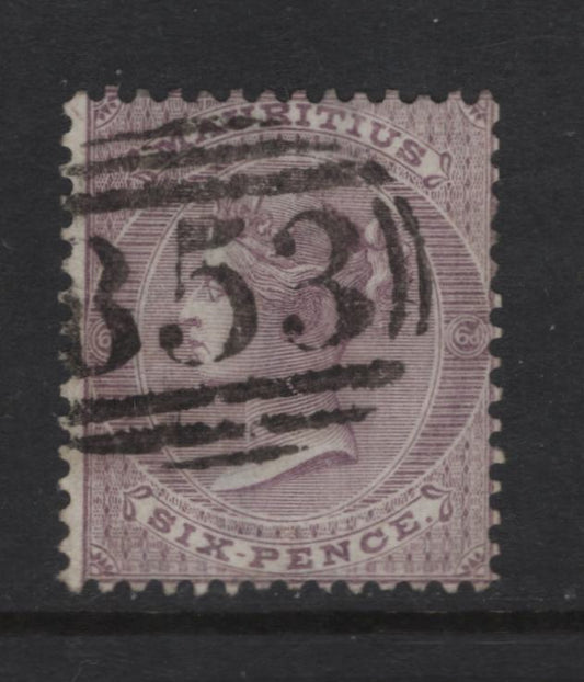 Lot 386 Mauritius (C)  SG#63 6d Dull Violet Queen Victoria, 1863-1872 Queen Victoria Keyplate Issue, A Fine Used Single, Crown CC Wmk, Buld B53 Cancel
