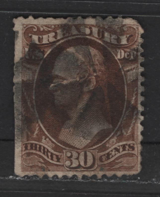 Lot 386 United States Of America #O112 30c Brown Alexander Hamilton, 1879 American Bank Note Company Official Issue For the Treasury Department, A Fair Used Single On Soft Paper, Rare Stamp, But Severe Faults, Including Trimmed Perfs & Rounded Corner