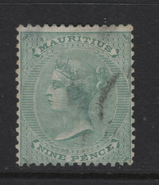 Lot 387 Mauritius (C)  SG#66 9d Yellow Green Queen Victoria, 1863-1872 Queen Victoria Keyplate Issue, A Good Used Single, Extensive Thin On Back, But Scarce Stamp, Crown CC Wmk.