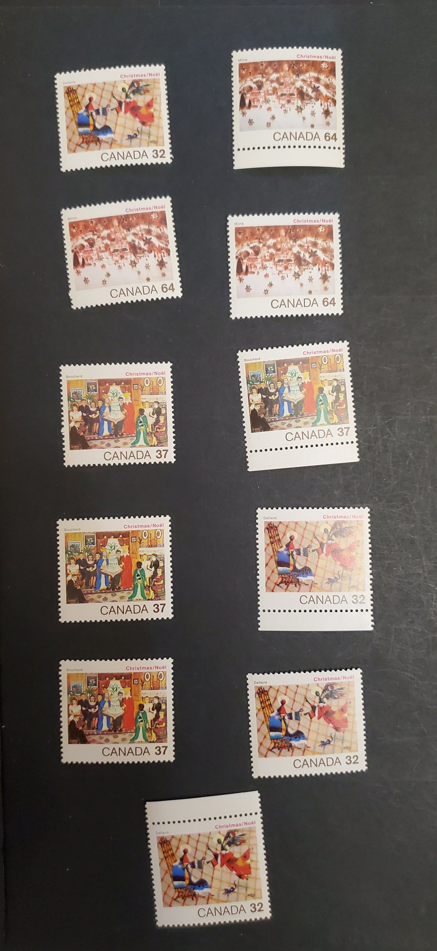 Canada  1040-1042 32c, 37c, 64c Multicoloured Christmas Scenes, 1984 Christmas Issue, 11 VFNH Singles DF2/LF3, DF2/DF2, DF2/DF1, DF1/DF1, LF/LF Harrison Papers