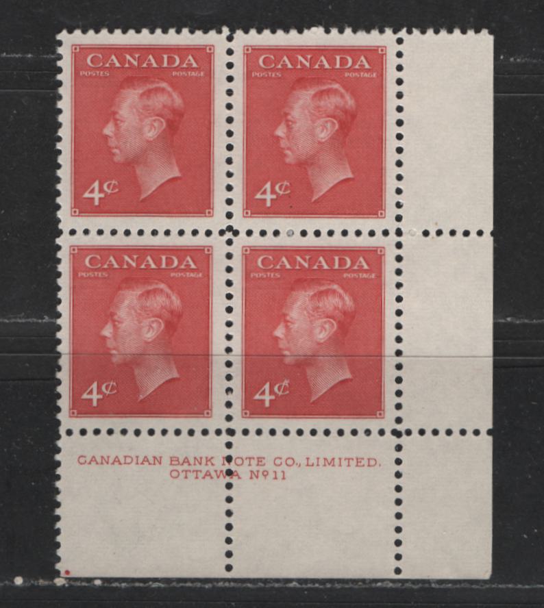 Lot 388 Canada #287 4c Carmine King George VI, 1949-1952 Postes-Postage Issue, A VFNH LR Plate 11 Block