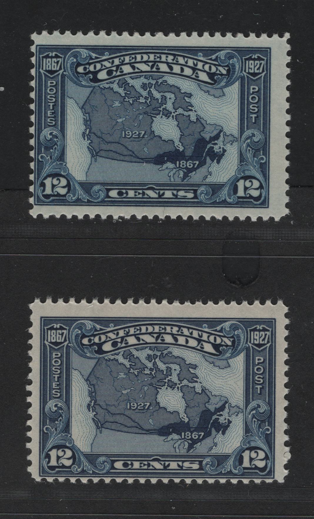 Canada #145 12c Indigo Blue & Deep Bright Blue Map Of Canada In 1867 & 1927, 1927 60th Anniversary Of Confederation Issue, 2 Fine NH Singles Streaky Yellowish Cream Semi-Gloss & Yellowish Cream Satin Gums