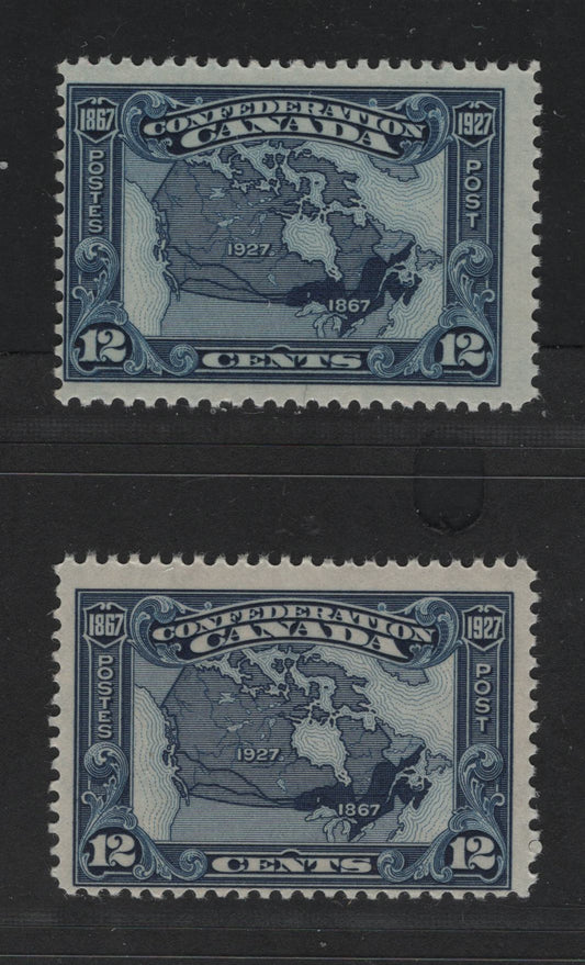 Canada #145 12c Indigo Blue & Deep Bright Blue Map Of Canada In 1867 & 1927, 1927 60th Anniversary Of Confederation Issue, 2 Fine NH Singles Streaky Yellowish Cream Semi-Gloss & Yellowish Cream Satin Gums