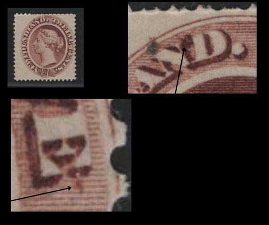 Lot 38 Newfoundland #29 12c Deep Claret Brown Queen Victoria, 1865-1875 First Cents Issue, A VGOG Single Showing Re-Entry In "D" Of "Newfoundland", Ink Blobs Near "Land"