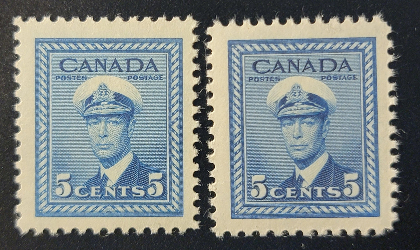 Lot 390 Canada SC#255 5c Light Bright Blue & Blue King George VI, 1942-1949 War Issue, 2 VFNH Singles Unclassified As To Paper Type