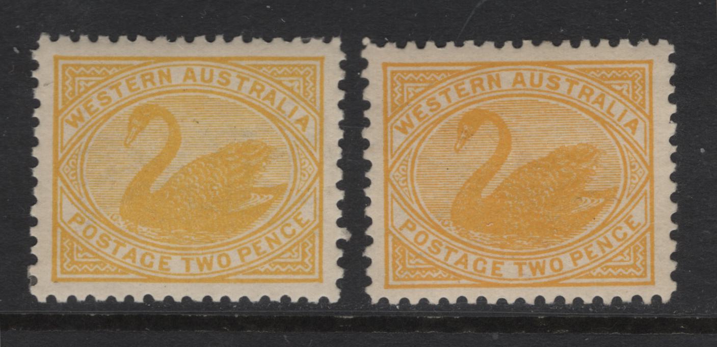 Lot 392 Australia - Western Australia (C)  SG#140 2d Yellow Swan, 1905-1912 Swan Keyplate Issue, 2 VFOG Singles, Sideways & Sideways Inverted Crown Over A Wmks