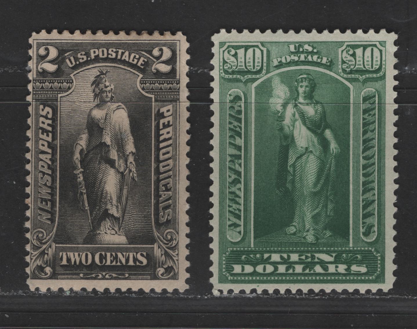 Lot 392 United States Of America #PR115, PR122 2c, $10 Black, Green Statue Of Freedom, 1895-1897 Watermarked Bureau Newspaper Issue, 2 Good OG & VG Unused Singles Fine Appearance With Small Faults