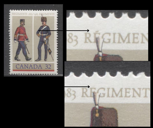 Lot 392 Canada #1007i 32c Multicoloured Royal Canadian Regimental Uniforms, 1983 Canadian Regiments Issue, A VFNH Single, Missing Accent Above "E" Variety (Pos. 49), LF/F5-fl