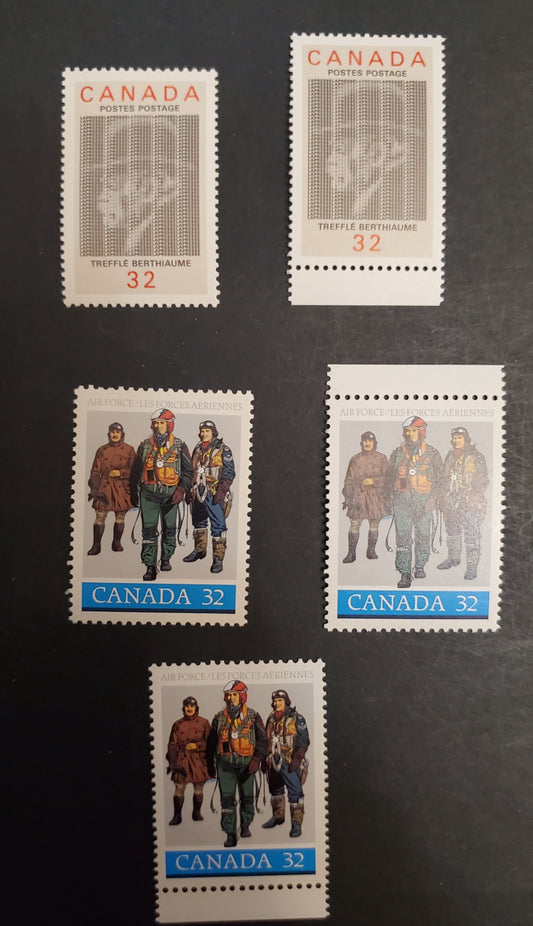 Canada  1043-1044 32c Multicoloured Pilots in Flying Gear, Treffle Berthiaume, 1984 Air Force & Treffle Berthiaume Issues, 5 VFNH Singles NF/DF1, DF1/DF2, DF2/DF2, LF/LF and HF/DF2 Harrison Papers