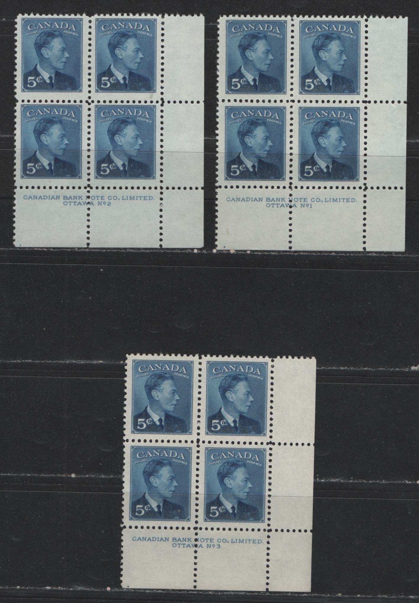 Lot 394 Canada #288 5c Deep Blue King George VI, 1949-1952 Postes-Postage Issue, 3 VFNH LR Plate Blocks Plates 1-3