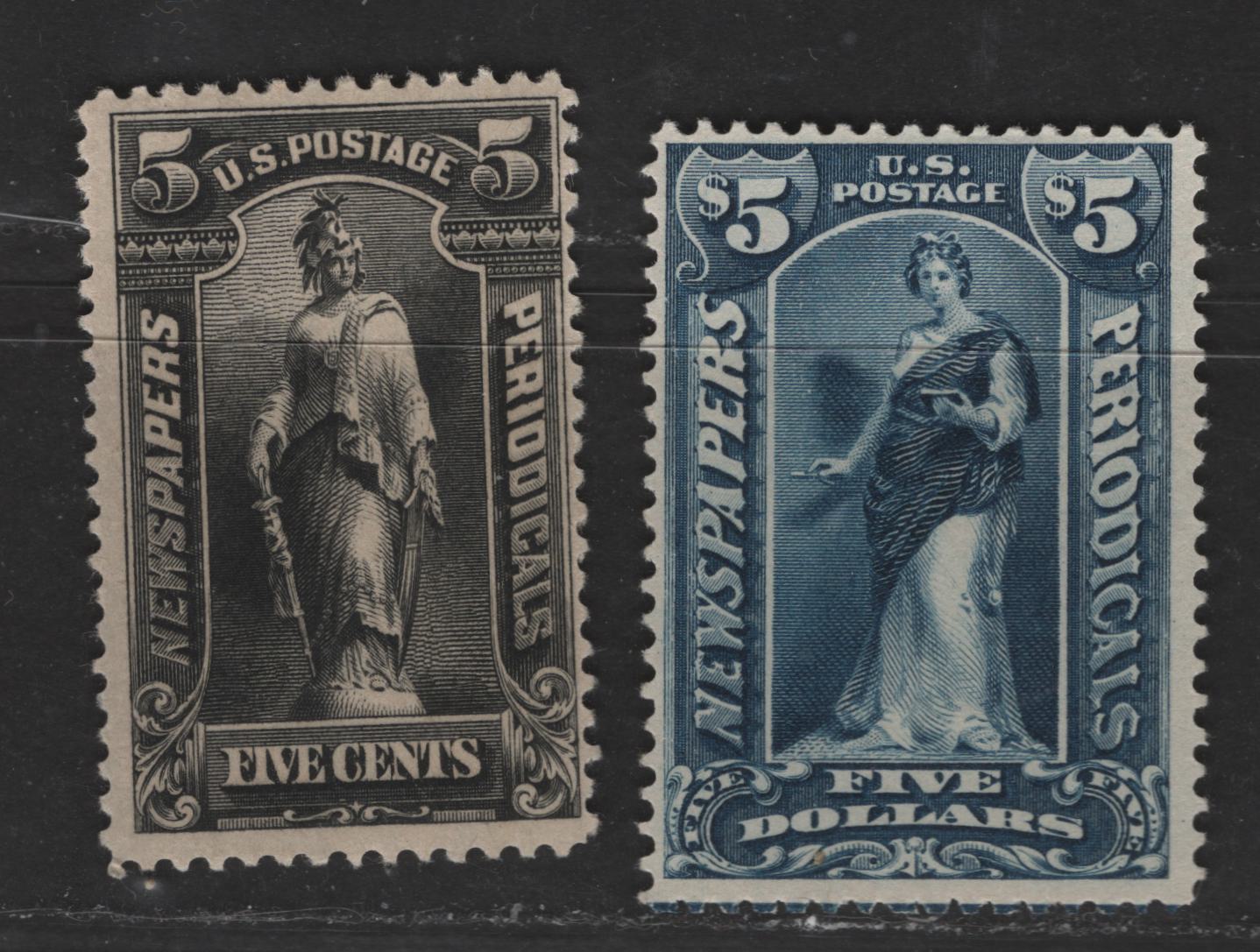 Lot 395 United States Of America #PR116, PR121 5c, $5 Black & Dark Blue Statue Of Freedom, 1895-1897 Watermarked Bureau Newspaper Issue, 2 Fine Disturbed Gum & Unused Singles