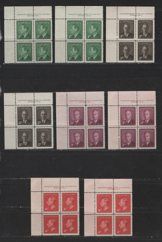 Lot 395 Canada #289-292 1c-4c Green - Carmine King George VI, 1949-1952 Postes-Postage Issue, 8 VFNH UL Plate Blocks Plates 1-2