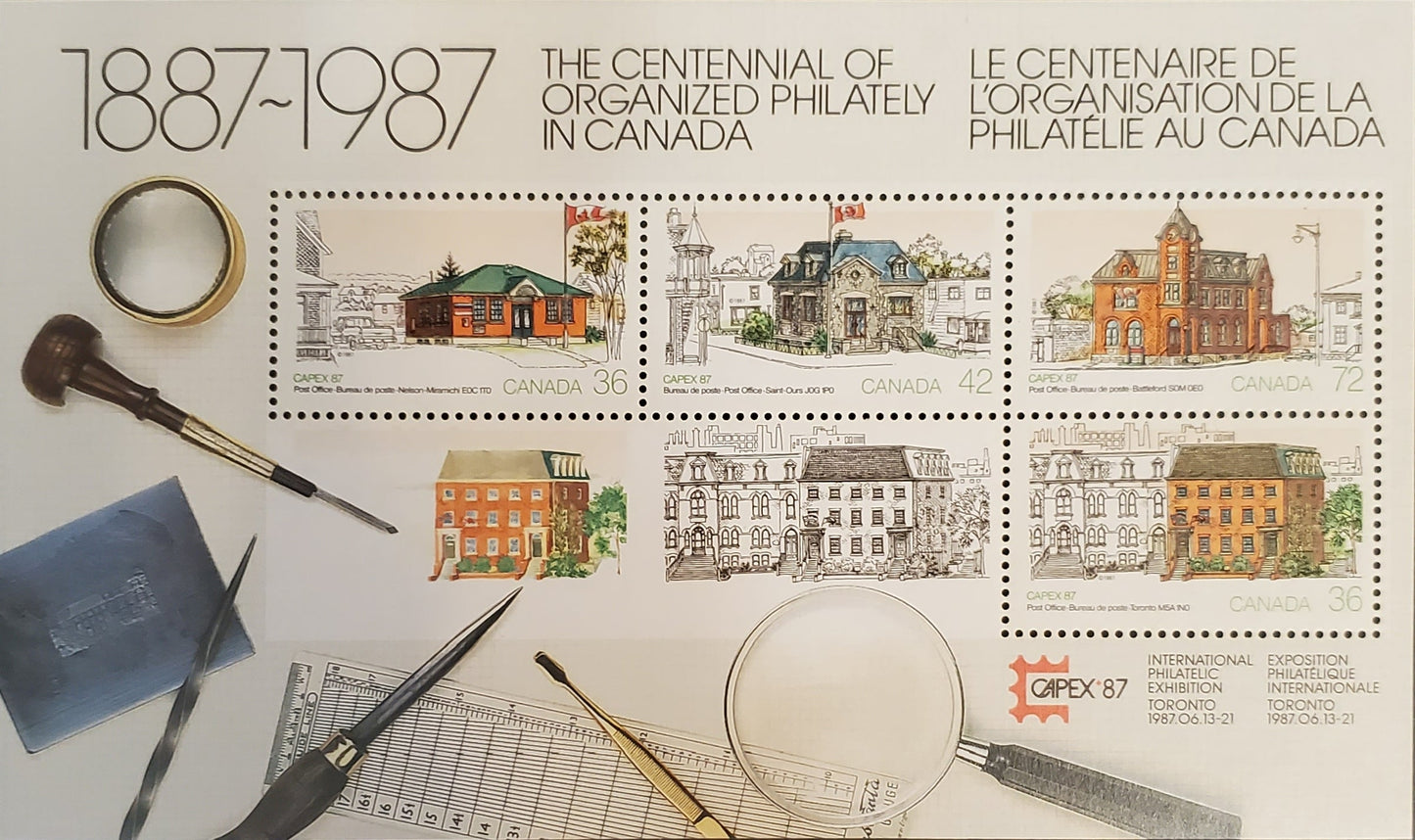 Canada #1125Avar 36-72c Multicoloured Various Post Offices, 1987 CAPEX'87 Issue, A VFNH Souvenir Sheet Showing Light Greenish Tag Wash Across Entire Sheet