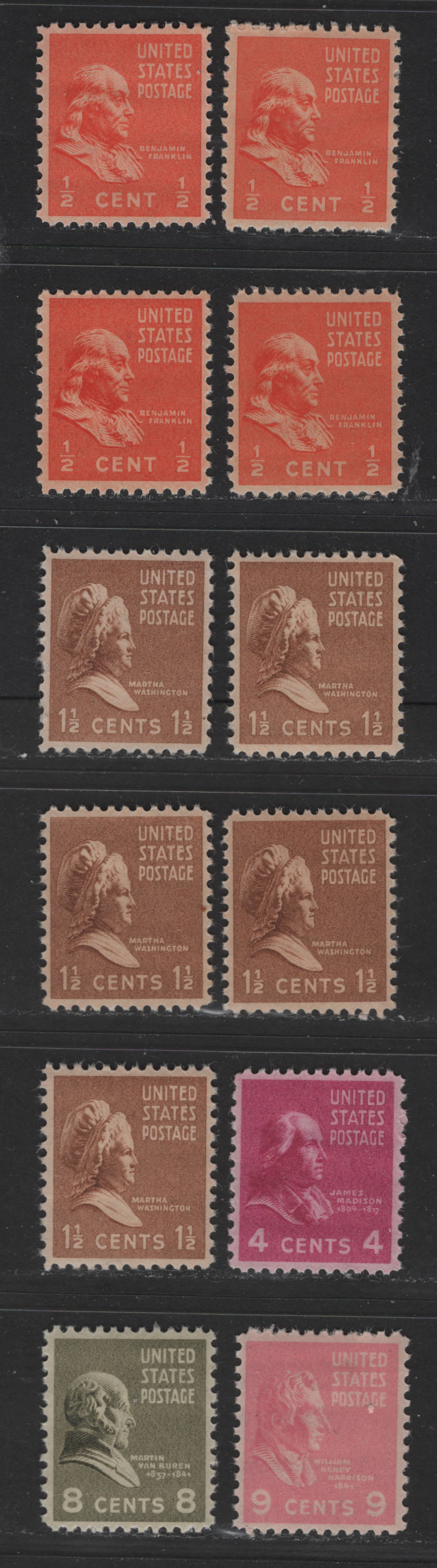 United States Of America #803, 805, 808, 813-814 1/2c - 9c Deep Orange - Deep Pink Benjamin Franklin - William H. Harrison, 1938-1954 Presidential Issue, 12 VFNH Singles Shade Variations & Different Gum Breaker Ridge Patterns