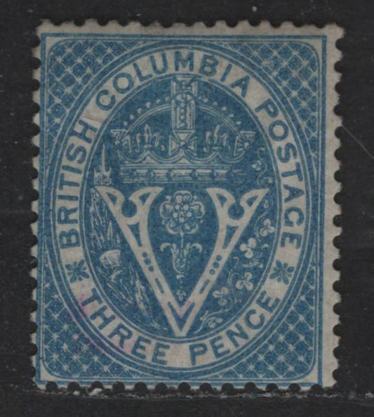 Lot 397 British Columbia #7 3d Blue Seal Of British Columbia, 1865 De La Rue Keyplate Issue, Wmk Crown CC, A Fine Regummed Single Expertly Regummed To Appear NH, German Dealer Guarantee Mark On Reverse