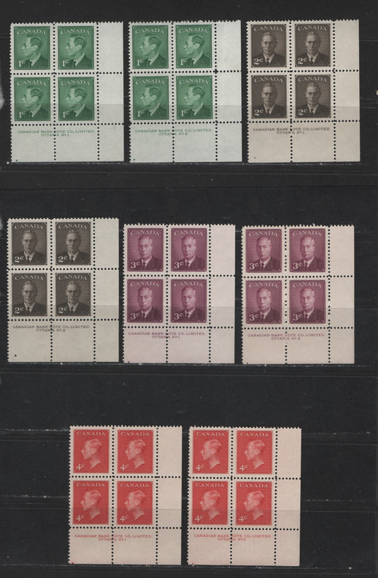 Lot 398 Canada #289-292 1c-4c Green - Carmine King George VI, 1949-1952 Postes-Postage Issue, 8 VFNH LR Plate Blocks Plates 1-2