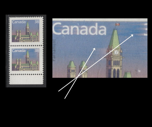 Canada #1165var 38c Multicoloured Parliament Buildings, 1987-1991 Mammal & Architecture Issue, A VFNH Pair Doctor Blade Flaw/Smudge Of Blue On Lower Stamp